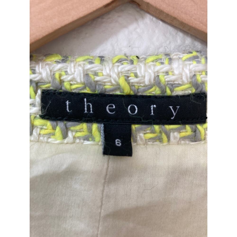Theory Twee Woven Lime Green Collarless Houndstooth Preppy Tweed Blazer Jacket 6 - Picture 3 of 11